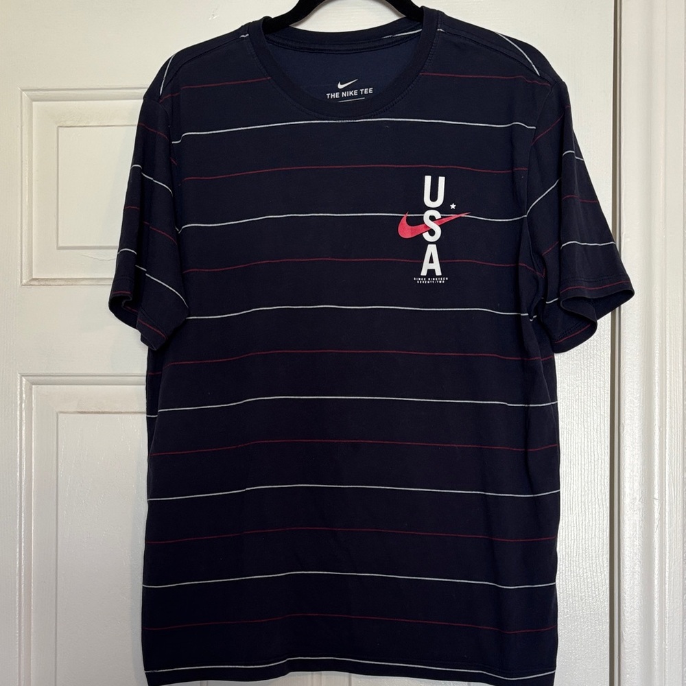 Nike Men's Navy Striped USA Tee with Red Swoosh